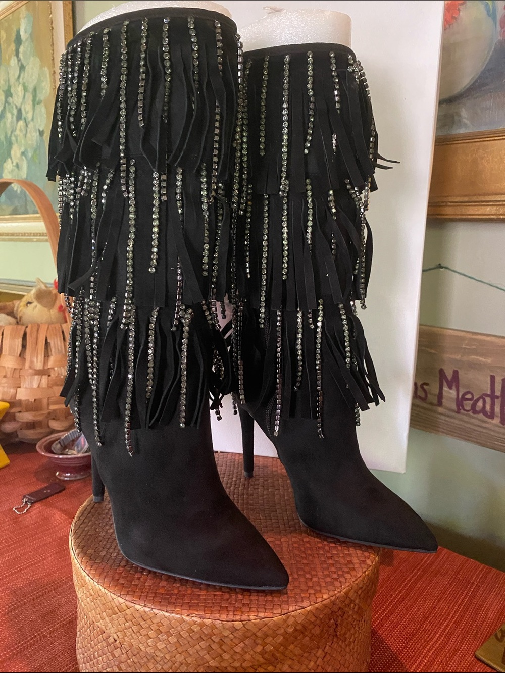 Jessica Simpson’s Women’s Linko Black Suede Rhinestone Fringed Boots Size 6.5M